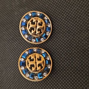 Tory Burch Gold Cobalt Blue Gem TT Monogram Earrings